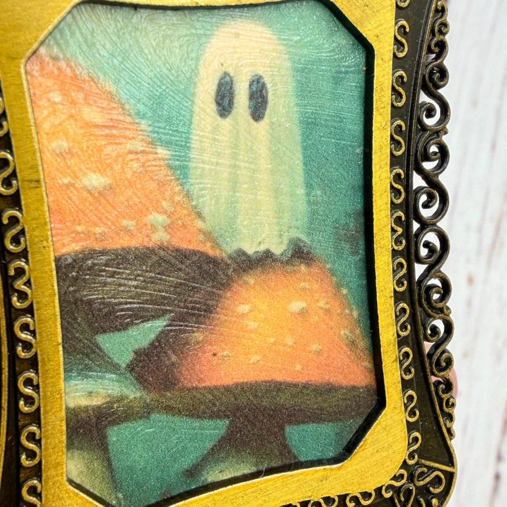 Mini Ghost Mushroom Decoupage Art Prints in Ornate Gold Tone Metal Frames Set 2